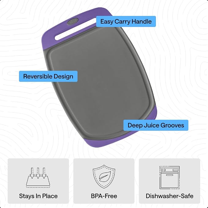GORILLA GRIP BPA-Free Reversible Kitchen Cutting Board Set of 3, US Designed, Nonporous, Juice Grooves Catch Liquid, Slip Resistant Border, Dishwasher Safe, Durable Food Chopping Boards, Gray Purple - Image 5