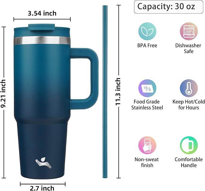 Konokyo 30 oz Insulated Tumbler Water Bottle with Handle, Straw Lid | BPA-free and dishwasher safe; made for gym, travel, coffee and gifting, 2 straws, cup holder friendly,Indigo Black - Image 4