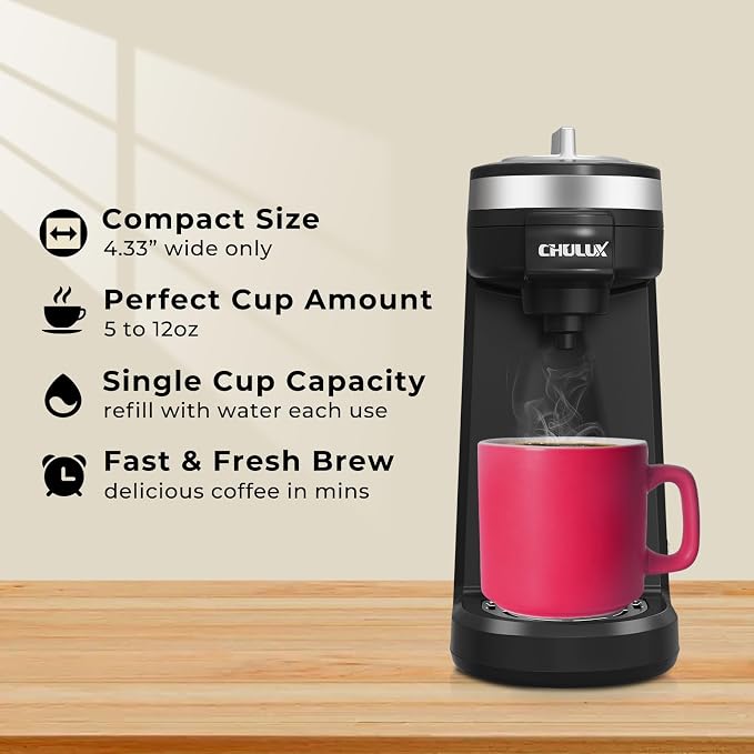 CHULUX Mini Single Serve Coffee Maker for K Pod, Brew Up to 12oz Cup, Black | Fast-Heating Boiler System, Single Cup Brewing, Portable Compact Design, Four-Hole Multi-Stream Needle, Adjustable Drip Tray - Image 2