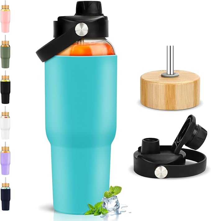 PROBTTL Glass Water Bottles, 1 Liter Glass Tumbler, Borosilicate Water Bottle with Straw, Silicone Sleeve, 2 Lids - Handle Spout & Bamboo Straw Lid, Fits Car Cup Holder (Aqua, 40 Ounces)