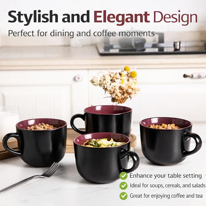 GBhome Jumbo Soup Mugs with Handles, 24 Oz Large Coffee Mugs Set of 4 | Ceramic Soup bowls for Soup Cereal Snacks Salad Noodles Cups, Microwave safe - Matte Black, Red Inside - Image 7