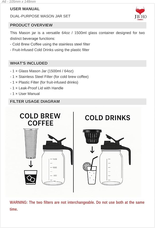 JBHO Cold Brew Coffee Maker 64OZ Marson Jars Wide Mouth Glass Picther Spout Lid with Stainless Steel Filter,Leakproof Maker for Iced Tea,Espresso,Lemonade-Black