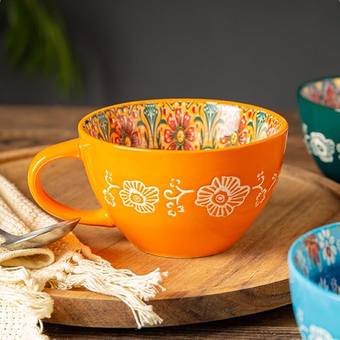 Bohemian Hand-Painted Ceramic Mug, 15 Oz Large Coffee Cup for Milk, Tea, and Breakfast, Dishwasher & Microwave Safe Artisan Cup, Orange - Image 2