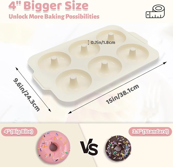 4 Inch Nonstick Silicone Donut Pan for Baking with Metal Frame, 1 Pack Large Donut Molds for Baking, 6 Cavity Doughnut Pan for Oven and Full-size Bagel Trays Non Toxic with Handle, (Beige)