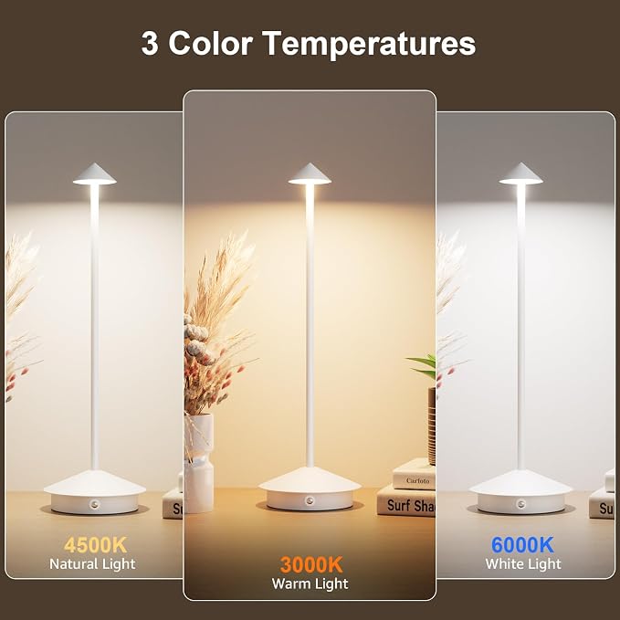 Cordless LED Table Lamps,Portable Battery Desk Lamp,2 Pack,White | 6000mAh Rechargeable,3000K/4500K/6000K Touch Stepless Dimming,Aluminum IP54 Waterproof Wireless Lighting for Outdoor/Indoor - Image 2
