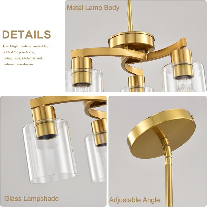 3 Light Brass Gold Dining Room Chandelier, Modern Industrial Pendant Light for Kitchen Island, Adjustable Height Hanging Ceiling Light Fixture with Clear Glass Shades,E26 Base,Dimmable - Image 5