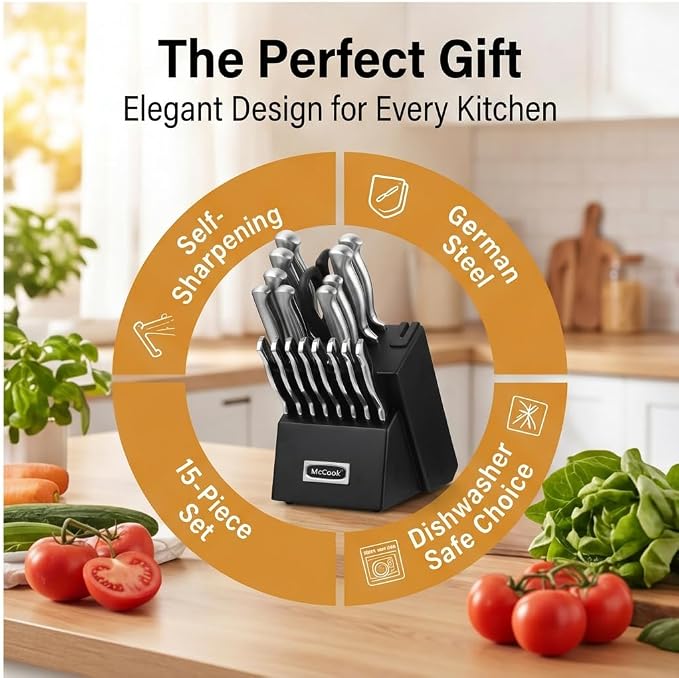 McCook Knife Set Sharp Kitchen Knife Block Set w Built-in Sharpener | German Forged Stainless Steel, 20 PC,Razor Sharp,Anti-Rust,Restaurant Grade,Ergonomic Handle,Full Tang, Gift Box - Image 8