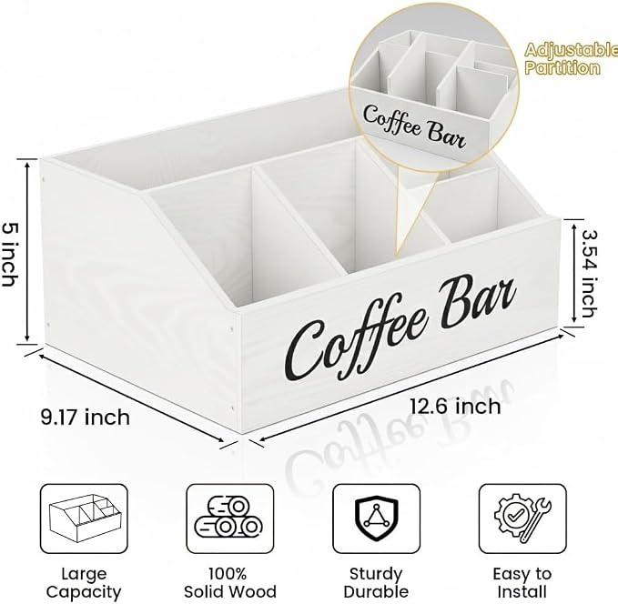 2 Pack Coffee Station Organizer for Countertop – Wooden Coffee Bar Organizer with Adjustable Dividers,Holds K Cup Pod & syrup bottles, for Kitchen, Office, or Bar and Tea Station, White - Image 3
