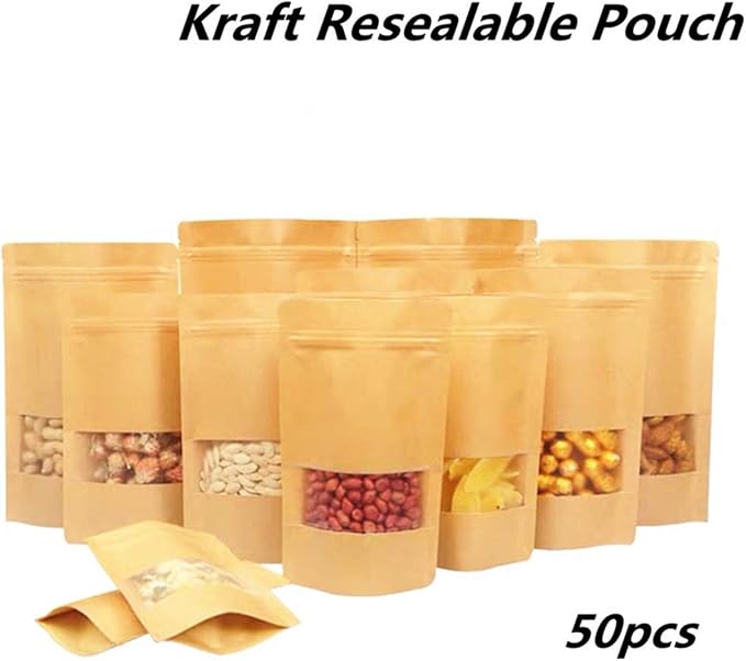 Kraft Paper Bags With Frosted Window And Zip Lock Decorative Heavy Duty Heat Seal Recycled Resealable Mylar Stand Up Pouches Bags Sealable For DIY Food Snack Cookies Candy Coffee Popcorn (7x10+4inch) - Image 2