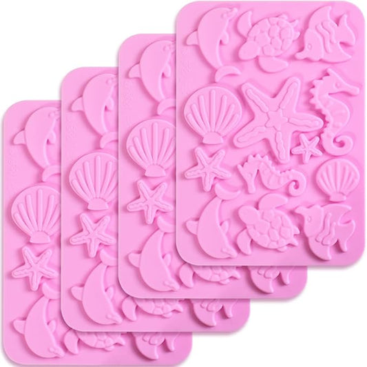 Newk Marine Themed Silicone Mold, Pack of 4, Seasell, Conch, Seahorse, Starfish, Tortoise Silicone Mold for Fondant, Hard Candy, Cake Decoration, Resin, Pendants