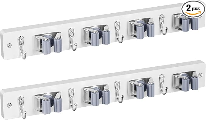 OUTNILI 2 Pack Mop Broom Holder Wall Mount - White Wood Broom Mop Hanger - Wall Mounted Garden Tool Rack Organizer for Closet Garage Laundry Room, 4 Slots & 4 Hooks by OUTNILI