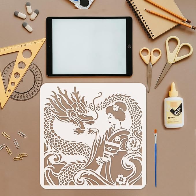 FINGERINSPIRE Japanese Geisha Painting Stencil with Brush 11.8x11.8inch Plastic PET Wave Dragon Drawing Template Decorative Hollowed Oriental Theme Stencil for Painting on Wood Canvas Fabric Clothes - Image 3