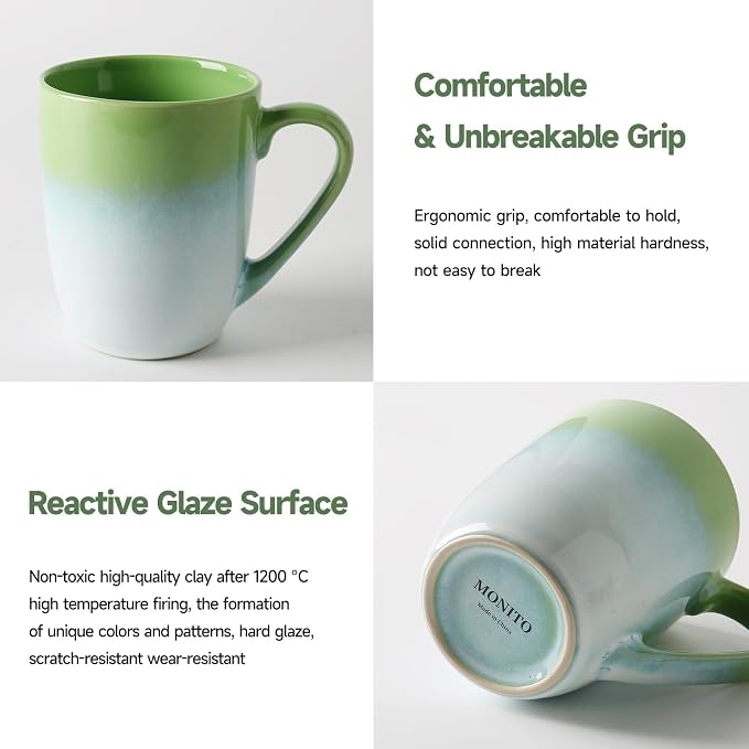 MONITO 14 OZ Coffee Mugs Set of 6, Large Ceramic Blue Coffee Mugs Set with handle for Tea/Latte/Milk/Cocoa, Funny Tea Cups for Office and Home, Engagement Gifts. (White-green) - Image 4