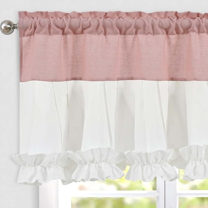 Likiyol Linen Valances for Windows Farmhouse Window Valances with Ruffle Rustic Country Light Filtering Kitchen Valance Curtains Rod Pocket Valance for Bathroom Cafe, Pink White, 52" W X 18" L - Image 2