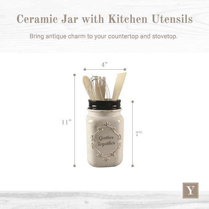 Young's Inc Farmhouse Ceramic Kitchen Tool Holder with Wooden Utensils, Decorative Gather Together Mason Jar Organizer for Kitchen Tools,10.5" - Image 5