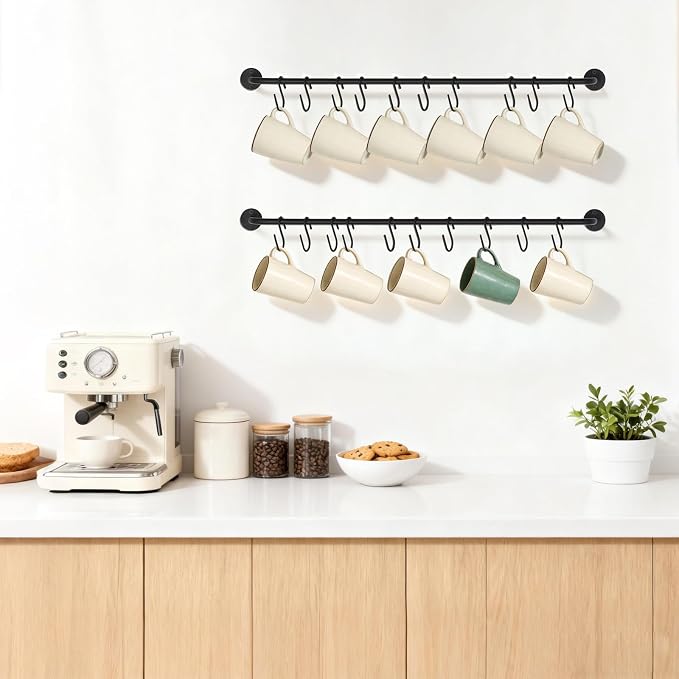Mkono Wall Mounted Mug Holder, Coffee Cup Hanger Rack with 20 Hooks, 2 Pack | Kitchen Rod, Space Saving, Easy Assembly, Wall & Under Cabinet, Durable Metal, Kitchen Dining Bar Organizer, Multi-Function - Image 2