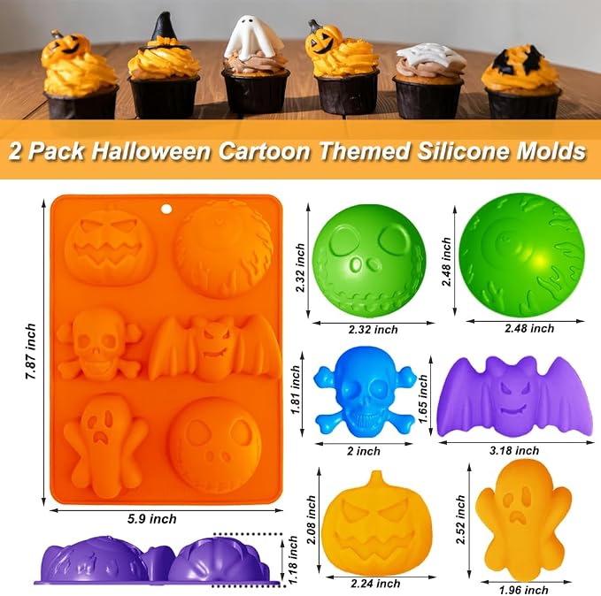2 Pack Halloween Silicone Molds 6 Cavity Halloween Themed Molds Baking Mould Tray DIY Baking Tool for Aromatherapy Candles Chocolate Pudding Dessert Jelly Soap Cupcake Topper for Halloween Party Treat - Image 2