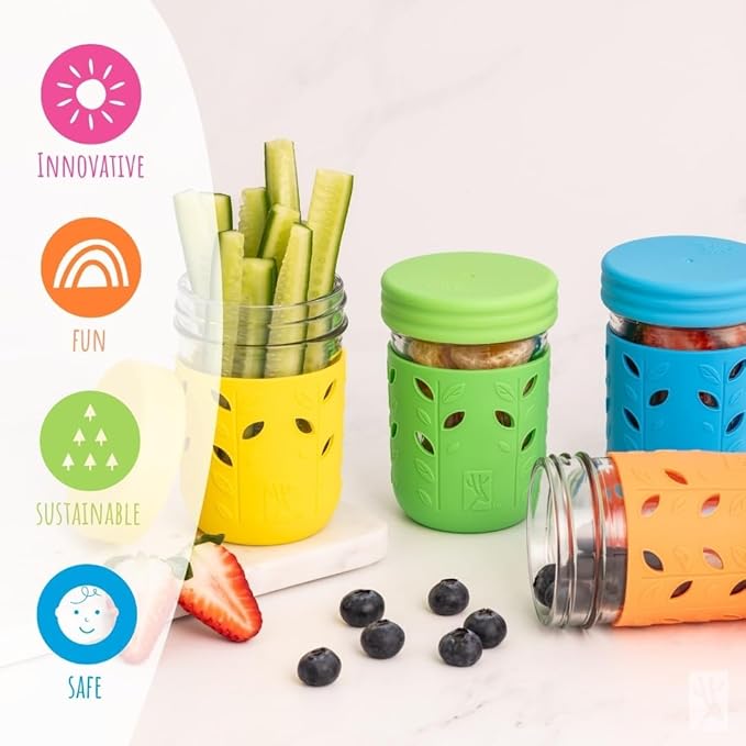 Elk and Friends Kids + Toddler Glass Cups | The Original 8oz Glass Mason Jar with Sleeves + Lids | Silicone Straws + Stopper | Smoothie Cup | Food Storage | Spill Resistant | Dishwasher Safe | 8 Pack