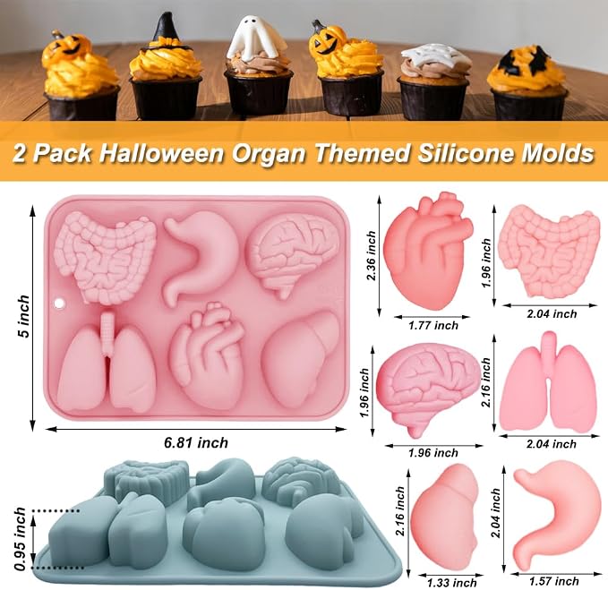 3D Human Organ Silicone Molds, 2 Pack Realistic 6 Cavity Organ Shapes Silicone Muffin Molds for Chocolate Pudding Dessert Jelly Handmade Soap Candle for Halloween Party Props - Image 2