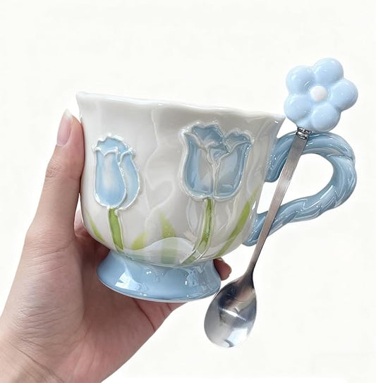 DTIUYIOP-Ceramic Coffee Mug 14oz/410ml Blue Cute Flower with Spoon | a funky coffee mug, Novelty Cute Ceramic,Lead-Free Gloss Glazed,DrinkingCup, Ideal Gift for Birthday Holiday by Unknown