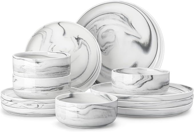 MALACASA 12 Pcs Porcelain Plates and Bowls Sets,Dinnerware Set for 4,Grey | Modern Ceramic Dishware Set,Kitchen Dining Ware,Microwave and Dishwasher Safe,Unique Marble Grey Design,Series LUNA by MALACASA