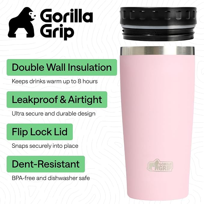 GORILLA GRIP 304 Stainless Steel Double Insulated Travel Coffee Mug, Leakproof Lid with Smooth Sip Top, Prevent Spills, Dent & Rust Resistant Reusable Tumbler Cup, Thermal Mugs for Drinks, 20oz, Pink - Image 2
