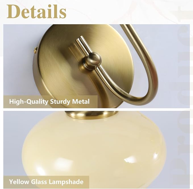 7.9" Yellow Glass Wall Sconce Mid Century Modern Kitchen Globe Wall Lamp Elegant Brushed Brass Wall Light Fixture Hardwired for Living Room, Bedroom, Bathroom - Image 3