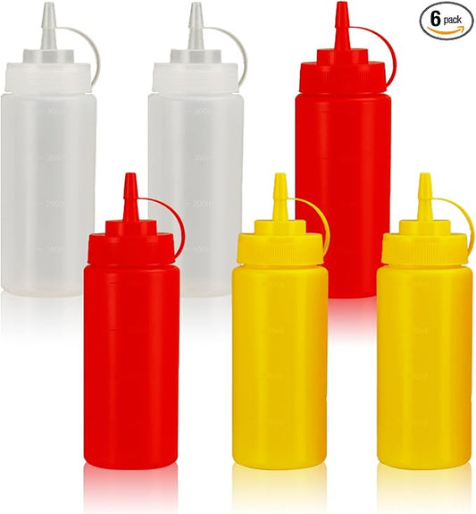 16oz Leak-Proof Sauce Squeeze Bottles- BPA-Free Kitchen & Restaurant Dispensers w/Wide Mouth for Ketchup, Mustard, Syrup, Oil, Dressings Dishwasher Safe (White+Yellow+Red, 16oz-6pack)