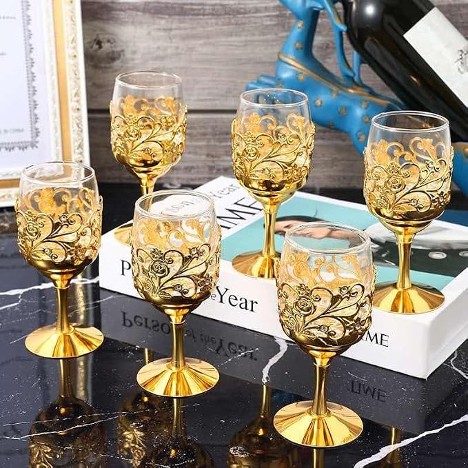 6-Piece Metal-Embossed Glassware Set, European-Style Vintage Metal Wine Glasses, Creative Vintage Spirits Glasses, Elegant Design, Ideal for Home Bars for Whiskey, Cocktails, and More - Image 4