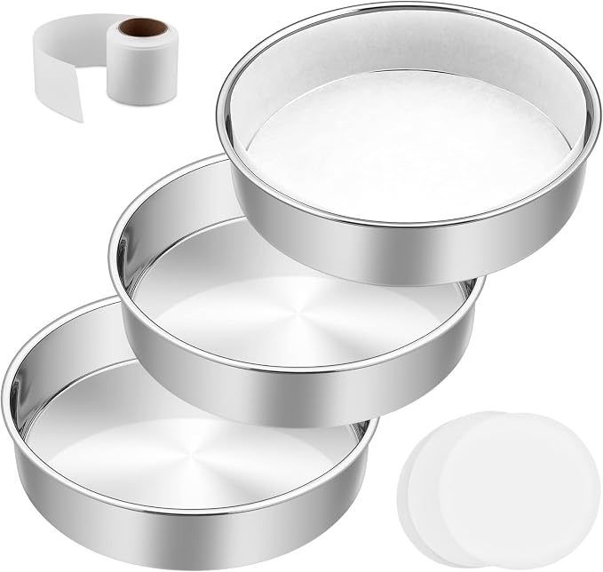 9½ Inch Cake Pan Set of 3, E-Far Stainless Steel Round Layer Cake Baking Pans with Parchment Rounds & Side Liner Roll, Non-Toxic & Healthy Metal Cakes Tin, Straight Side & Dishwasher Safe by E-far