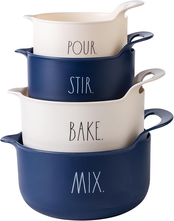 Rae Dunn Non-Slip Mixing Bowls - 4 Piece Nesting Plastic Mixing Bowl Set with Pour Spouts and Handles-Measurement Markings (Cream) by RaeDunn