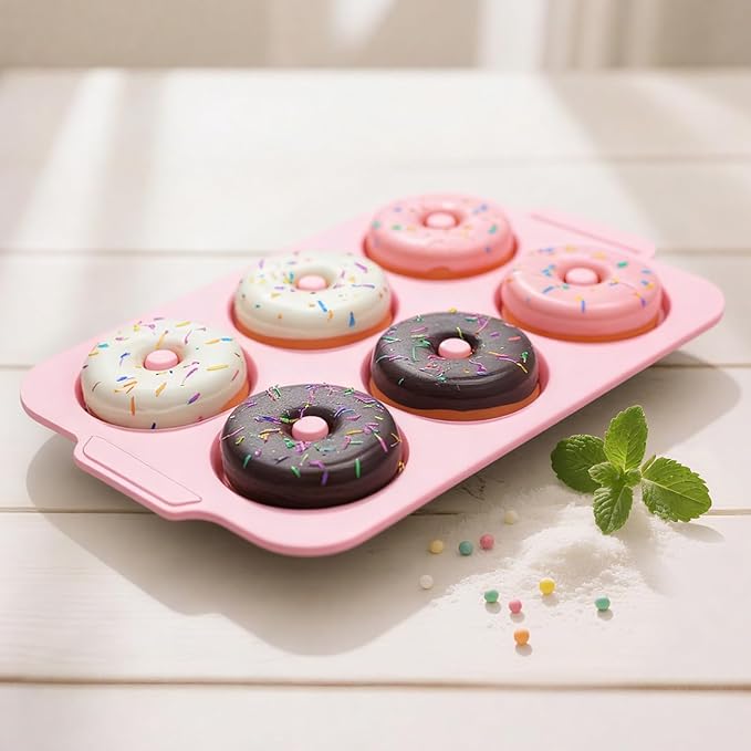 3.5 Inch Nonstick Silicone Donut Pan for Baking with Metal Frame, 1 Pack Donut Molds for Baking, 6 Cavity Doughnut Pan for Oven and Bagel Trays Non Toxic with Handle (Pink)
