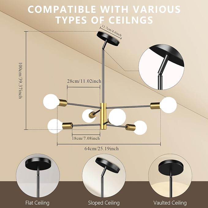 6-Light Black and Gold Mid Century Ceiling Chandelier Height Adjustable for Living Room, Kitchen, Dining Room, Bedroom,Foyer (Bulbs Not Included) - Image 3