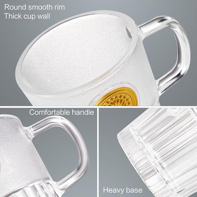 Vintage Glass Coffee Mugs Set of 2, 15oz Embossed Glass Coffee Cups with Bamboo Lids and Spoons, Handmade Tea Cups with Handle and Gift Box - for Cappuccino, Latte, Milk