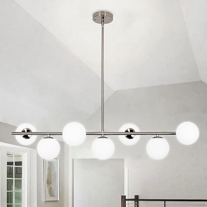 Brushed Nickel Mid Century Modern Chandelier, Linear Sputnik Bubble Pendant Light with Milk Glass Globes, Dimmable Dining Room Light Fixtures over Table for Kitchen Island Living Room Foyer Bedroom by PUZHIHOME