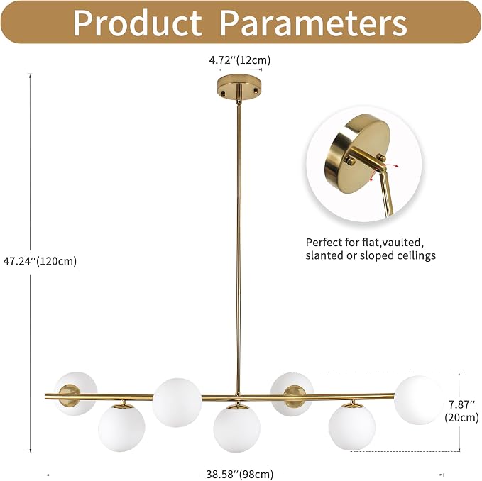 Modern Linear Gold Chandelier for Dining Room, 7-Light Adjustable Dimmable Ceiling Light with Glass Globes, Kitchen Island Pendant Lighting Mid Century Light Fixture for Living Room Bedroom Foyer - Image 4