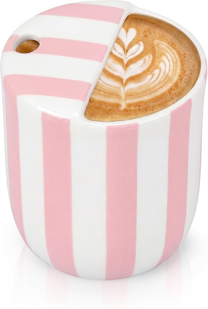 Ceramic Mug with Sip Hole 10 oz Novelty Pink Striped Ceramic Coffee Mug Hand Painted Travel Mugs Heat Resistant Non Slip Built in One Lid Handcraft Mugs for Coffee Lovers Appreciation Gift by Ferrochef
