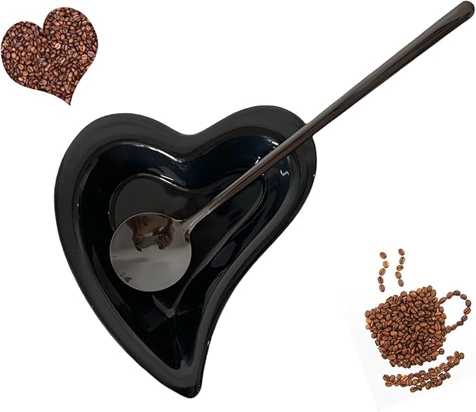 Coffee & Tea Spoon and Rest Set for Coffee Bar Accessories, Heart Cute Mini & Small Coffee Spoon Rest & Holder for Coffee Station & Bar, Teaspoon Rest & Holder (Black Rest with Black Spoon)