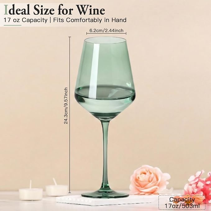 Green Wine Glasses Set of 6, Handblown Colored Wine Glasse,Green Coloful Glassware，17OZ for Red or White Wine - Image 4