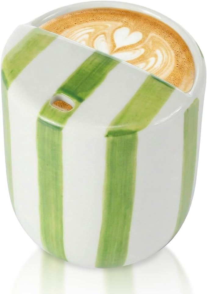 Ceramic Mug with Sip Hole 10 oz Novelty Green Striped Ceramic Coffee Mug Hand Painted Travel Mugs Heat Resistant Non Slip Built in One Lid Handcraft Mugs for Coffee Lovers Appreciation Gift by Ferrochef