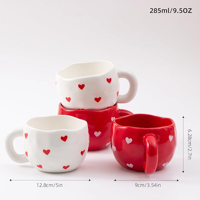 4pcs Ceramic Hearts Mugs Set, 9.4OZ Cute Love Coffee Cup Set, Red and White Color, Dishwasher Safe Espresso Cups, Gift for Women (Heart) - Image 3