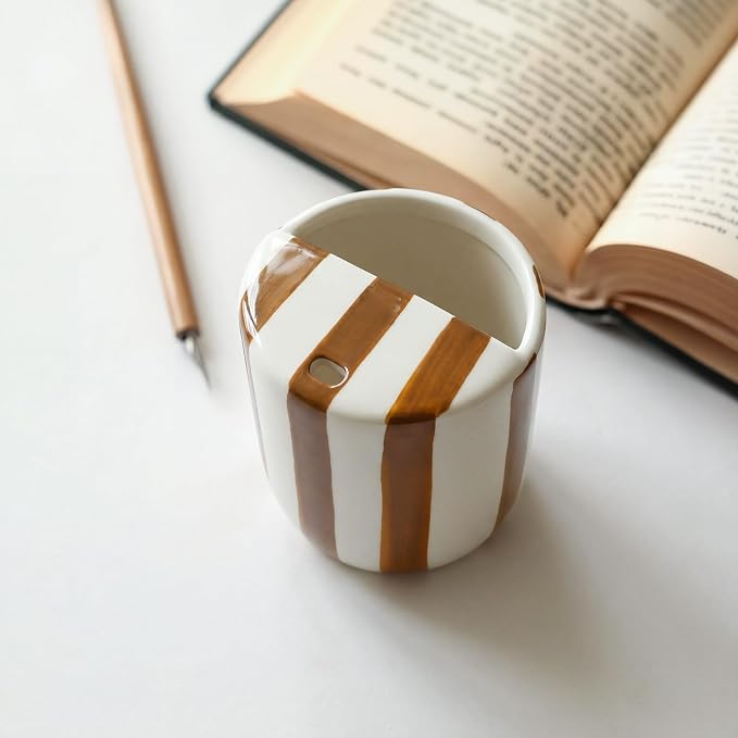 Ceramic Mug with Sip Hole 10 oz Brown Striped Ceramic Coffee Mug Hand Painted Travel Mugs Heat Resistant Non Slip Built in One Lid Handcraft Mugs for Coffee Lovers Appreciation Gift - Image 4