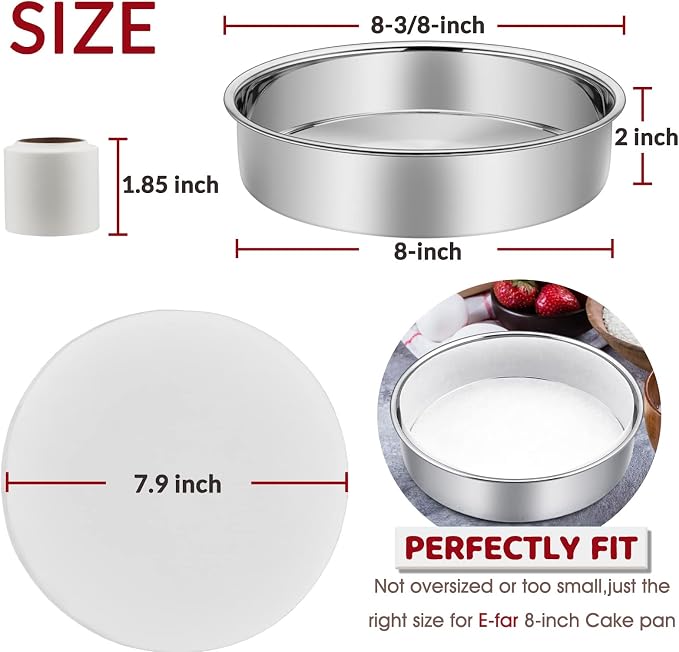 8 Inch Cake Pan Set of 3, E-Far Stainless Steel Round Layer Cake Baking Pans with Parchment Rounds & Side Liner Roll, Non-Toxic & Healthy Metal Cakes Tin, Straight Side & Dishwasher Safe - Image 2