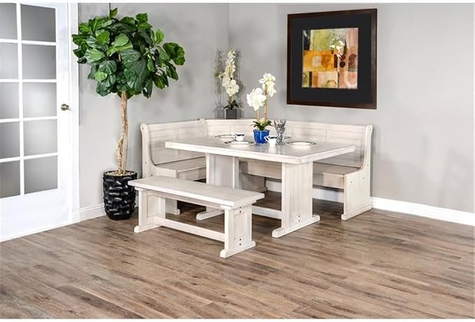 Pemberly Row 75" x 56" Farmhouse Wood Breakfast Nook Set with Table, Storage, Reversable Benche, L-Shaped Corner Bench, for Dining Room, in Marble White Finish - Image 2