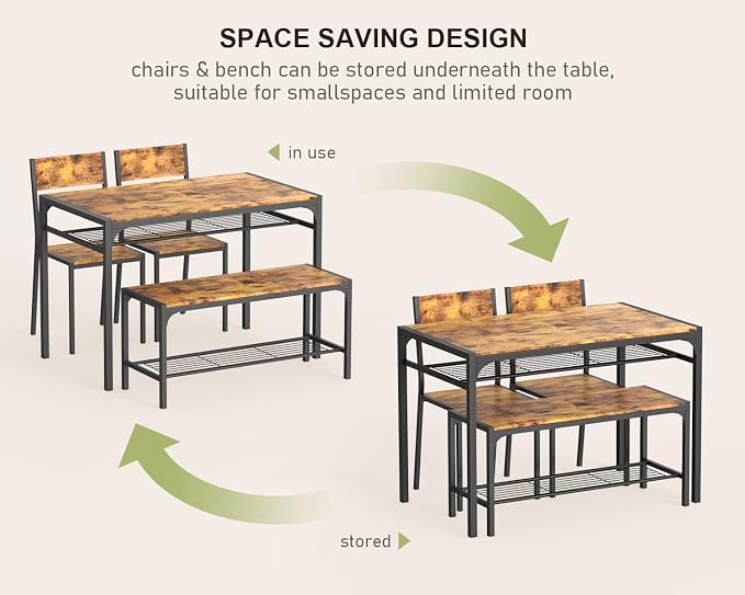 Gizoon 4-Piece Dining Table Set for 4, Kitchen Table with Bench Rustic | Space-saving rustic 4-piece dinette set with metal storage rack. Includes 2 ergonomic chairs and 1 bench. Easy to clean. - Image 4