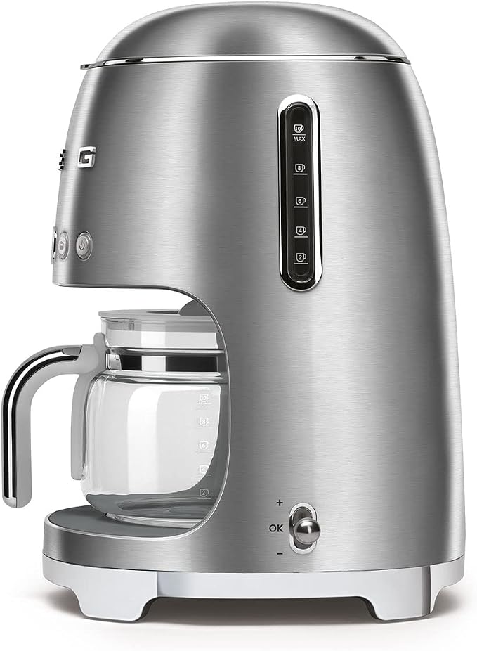Smeg 50's Retro Style Aesthetic Drip Coffee Machine with 10 Cup Glass Carafe, Auto Start Feature, Keep Warm Plate, and Two Coffee Strength Settings (Brushed Stainless Steel) - Image 5