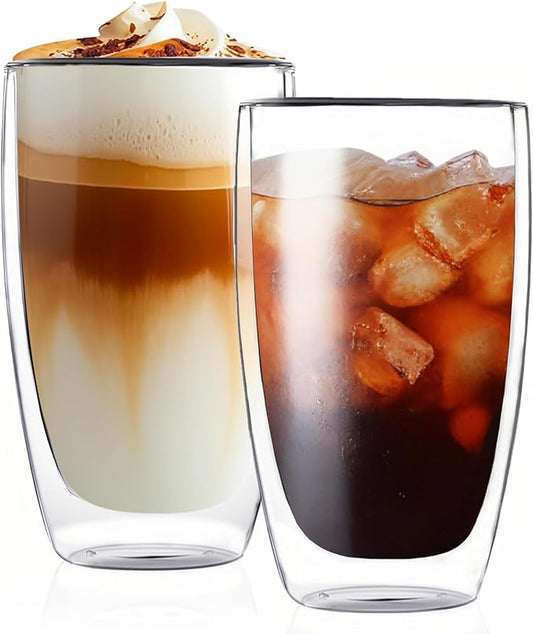 Glass Coffee Mugs Set of 2, Insulated Thermal Cups 15.2oz, Double Wall Clear Glass Coffee Cup for Tea/Juice/Milk, Latte Cappucino Espresso mug Glassware Gift for Christmas Birthday