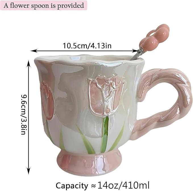 Ceramic Coffee MugEspresso Cup 14oz Pink Cute Flower withSpoon | novelty coffee mug，Glazed Ceramic Smooth Glossy Surface Lead ，Comes with Matching Spoon ，cute mugs for women - Image 2