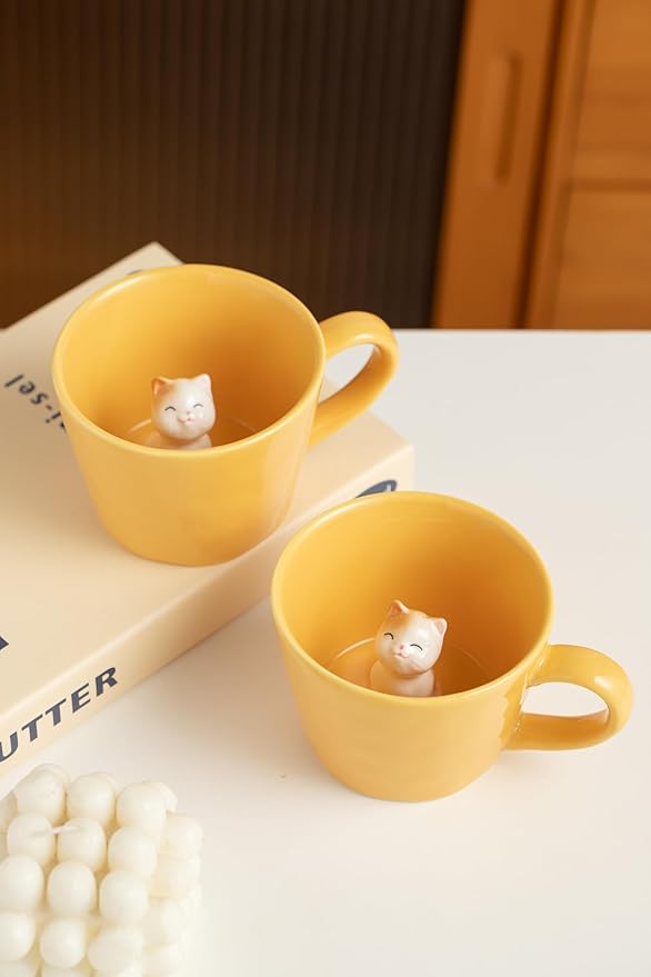 DIHOclub Cat Coffee Cup Hidden Ceramic Animal Inside Mug,Cute Cartoon Handmade Figurine Mugs,Holiday and Birthday Gift for Coffee Milk Tea Lovers,12 Oz(yellow) - Image 4