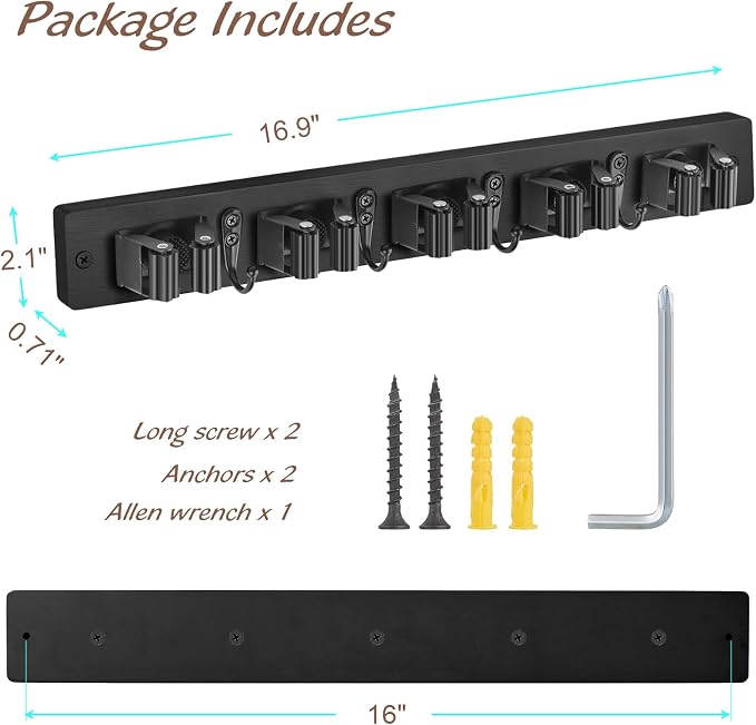 OUTNILI Mop and Broom Holder Wall Mount - Black Broom Mop Hanger - Wall Mounted Garden Tool Rack Organizer for Closet Garage Laundry Room Kitchen Decor With 5 Slots & 4 Hooks - Image 6